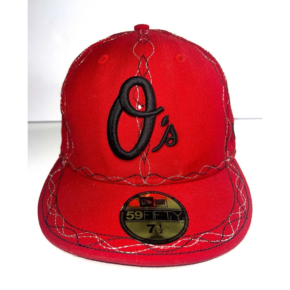 New Era Baltimore Orioles Fitted Hat 7 1/2 Red Black Script Logo 59FIFTY Cap